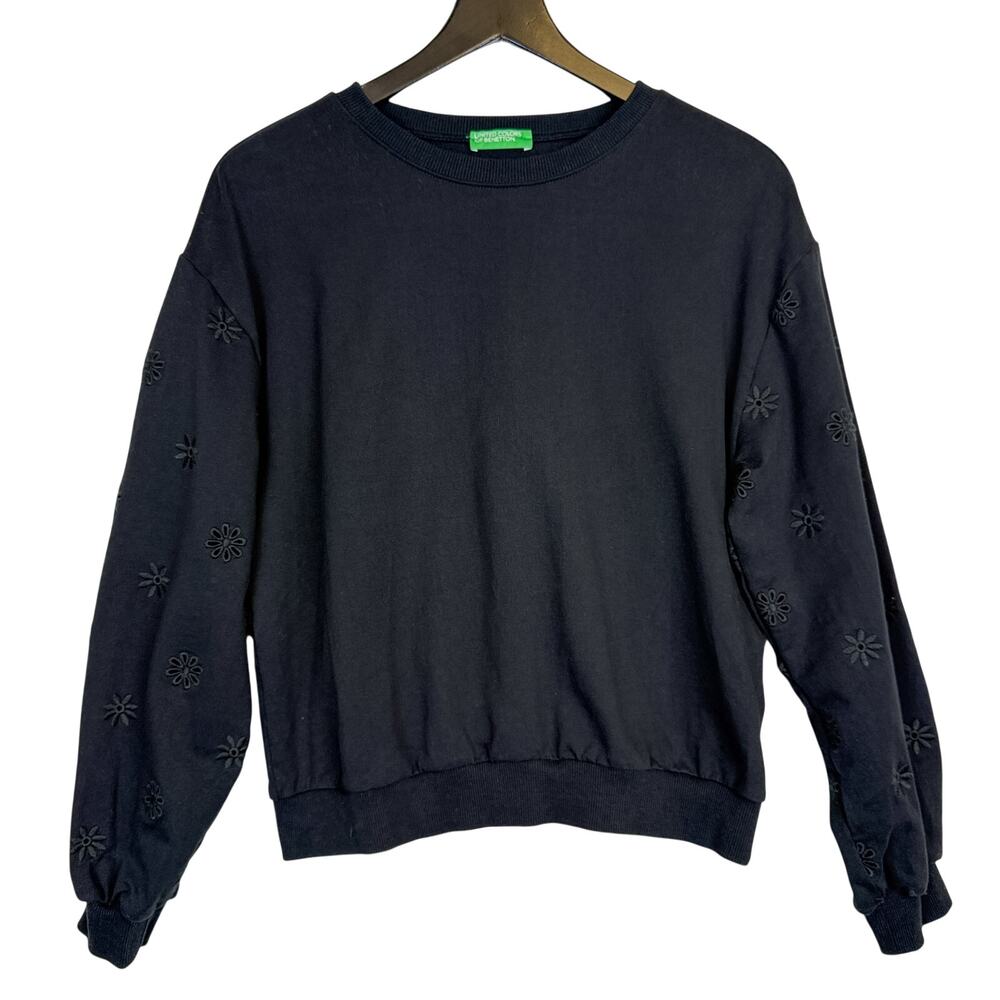 United Colors of Benetton  Embroidered Flowers Sleeves Sweatshirt Black - L